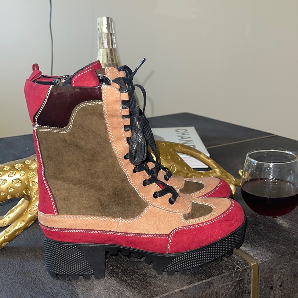 Cute boots worn once suede, green, beige, and burgundy